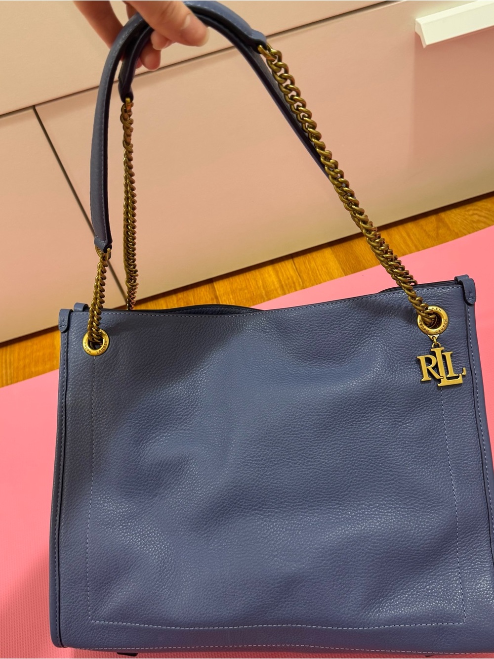 Lauren Ralph Lauren Navy Pebbled Leather Tote with Gold Chain